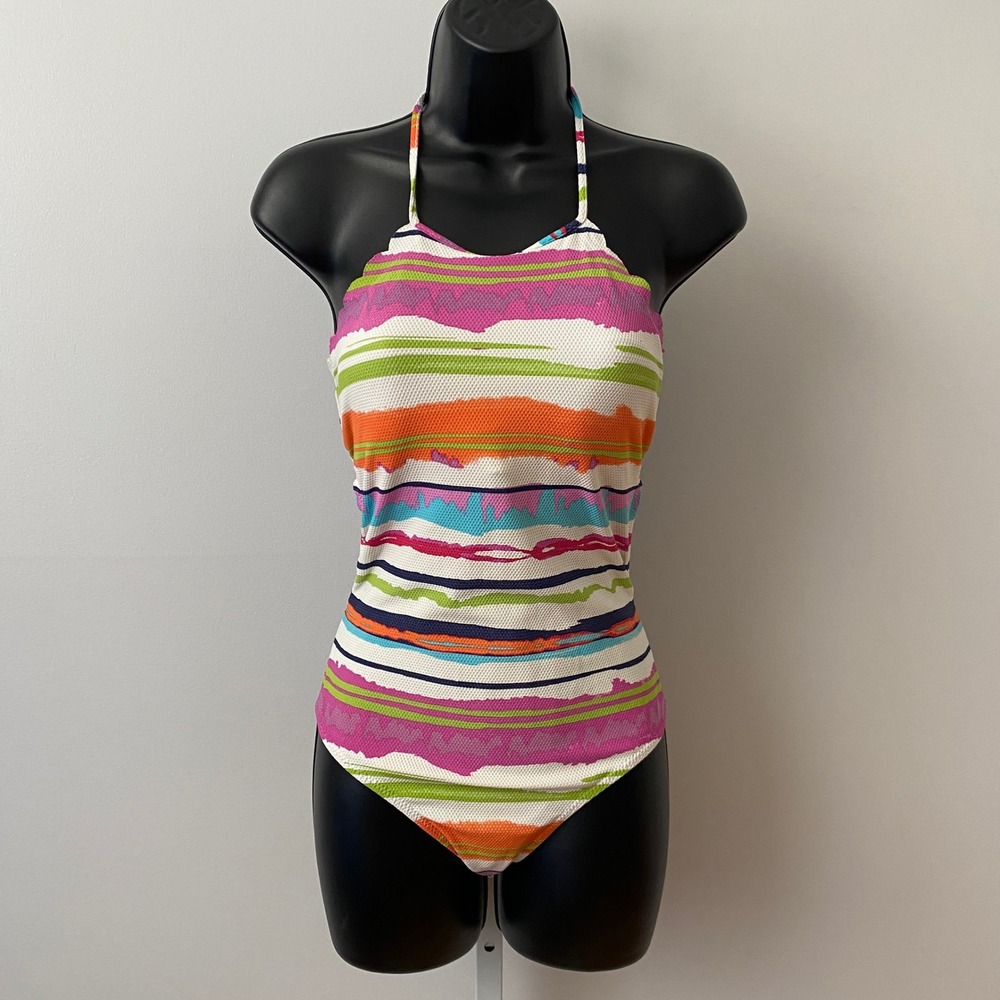 Zingara 8 Multicolor One Piece Swimsuit Scalloped Halter Neck Stripe Textured